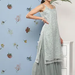 KALINI Floral Embroidered Regular Sequinned Kurta with Sharara & Dupatta image 3