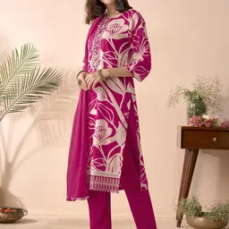 Anouk Floral Printed Thread Work Pure Cotton Straight Kurta With Trousers & Dupatta image 4