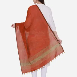 THE WEAVE TRAVELLER Rust & Beige Striped Pure Cotton Dupatta image 5