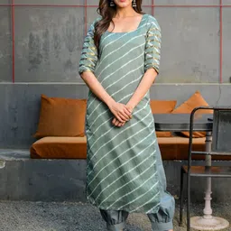 Rangpur Women Grey Leheriya Striped Kurta with Salwar & With Dupatta image 5