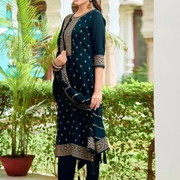 KALINI Floral Embroidered Regular Sequinned Straight Kurta with Trousers & With Dupatta image 3