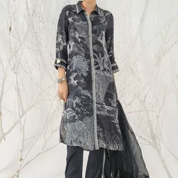 Ishin Floral Printed Shirt Collar Straight Kurta with Trousers & Dupatta image 2