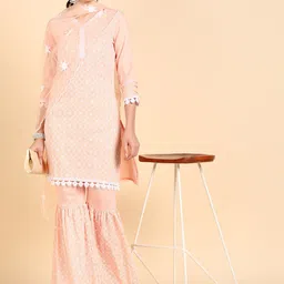 AHIKA Women Orange Floral Embroidered Kurti with Sharara & With Dupatta image 3