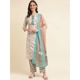 Sangria Beige & Blue Floral Printed Pure Cotton Kurta & Trouser With Dupatta-picture-24