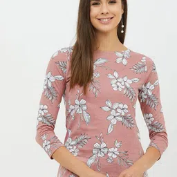 Women Printed Boat Neck Pure Cotton White, Pink T-Shirt-image-21