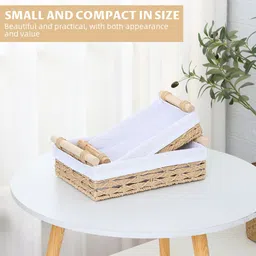 supvox Wooden Rattan Desk Organizer Storage Box with Fabric Lining and Wooden Handle Storage Basket image 5
