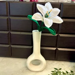 kalasrita Premium Hand Knitted Crochet White Lily Stick Green, White, Yellow Lily Artificial Flower image 3