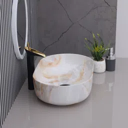 cluster Designer Matt Finish Over Counter Wash Basin For Bathroom, Hotel & Restaurants | Oblong Shaped (550 x 350 x 145 mm) | Glossy White And Brown Table Top Basin image 2