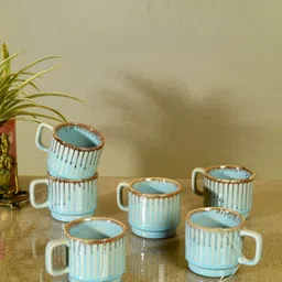 AAKRITI ART CREATIONS Blue 6 Pieces Printed Ceramic Glossy Cups 150ml-image-90