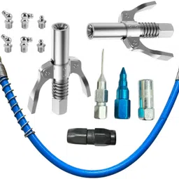 epitech mart 2Pc Grease Gun Coupler With 4Pc Grease Gun Nozzles, Oil Nozzle, 15inch Blue Pipe Manual Dispenser image 1