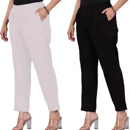 solid stitching Pack of 2 Women Comfort Fit Black, Maroon Pure Cotton Trousers-picture-19
