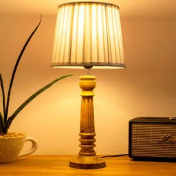 green girgit Wooden Pillar Brown lamp with pleeted White Soft Shade image 1