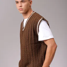 the indian garage co. Men Self Design V Neck Brown Sweater image 3
