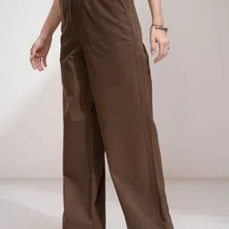 tokyo talkies Women Straight Fit Brown Pure Cotton Trousers image 4