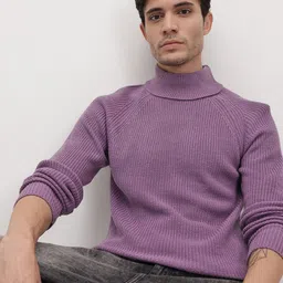 roadster Men Self Design Turtle Neck Purple Sweater-picture-14
