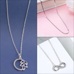 BOGHRA SALES Combo Of 3 Necklace Chain With Pendant For Girls And Womens Cubic Zirconia, Diamond Silver, Rhodium, Sterling Silver Plated Silver, Alloy Chain-image-6