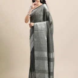 swatika Grey Woven Design Handloom Zari Silk Blend Bhagalpuri Saree-image-2