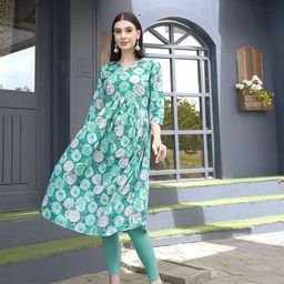anouk rustic Anouk Sea Green Floral Printed Empire Cotton Silk A-Line Kurta-picture-6