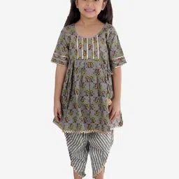 Superminis Girls Grey Floral Printed Pleated Pure Cotton Kurti with Salwar-image-62
