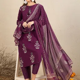 Indo Era Floral Printed Tie-Up Neck Pure Cotton Straight Kurta With Trousers & Dupatta-image-13