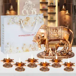 INTERNATIONAL GIFT Brown Kamdhenu Cow With Calf Statue Figurine with Diyas Gift Set-image-57