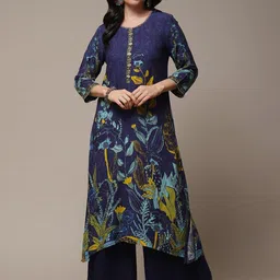 Biba Floral Printed Thread Work Beads Detail A-Line Asymmetric Kurta image 1
