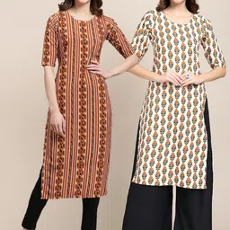 7threads KALINI Women Pack Of 2 Brown & Beige Ethnic Motifs Printed Summer Sheers Crepe Kurta image 1