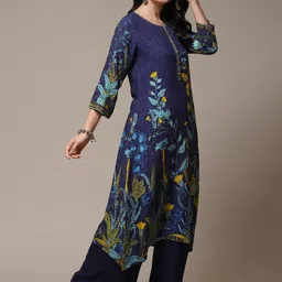 Biba Floral Printed Thread Work Beads Detail A-Line Asymmetric Kurta image 3