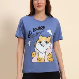 the dry state Women Printed Round Neck Pure Cotton Blue T-Shirt-picture-35