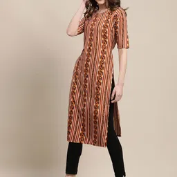 7threads KALINI Women Pack Of 2 Brown & Beige Ethnic Motifs Printed Summer Sheers Crepe Kurta image 4