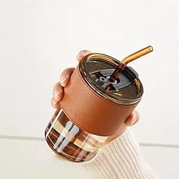 shubhentp Glass Mug with Straw and Cover 400 Ml | Leather Grip Coffee Cup | Glass Champagne Glass image 3