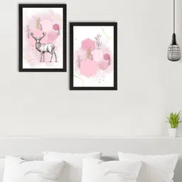 eCraftIndia Set Of 2 Pink & White Pastel Deer Printed Satin Matte Texture UV Art Paintings image 1
