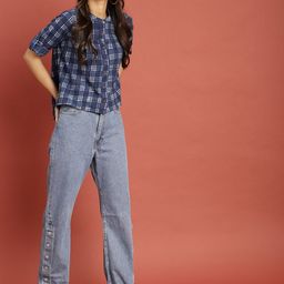 Taavi Blue & White Indigo Hand Block Print High-Low Sustainable Pure Cotton Top with Gathers Detail-picture-16