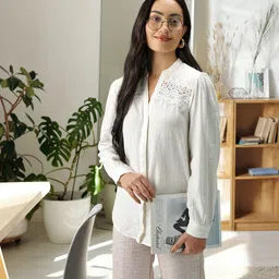 Marks & Spencer White Mandarin Collar Lace Inserts High Low Hem Pure Cotton Top-picture-13