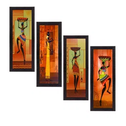 eCraftIndia Set Of 4 Yellow & Orange Tribal Satin Matt Texture UV Wall Art-picture-11