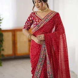 satrani Printed, Embellished, Embroidered Bandhani Georgette Saree image 5