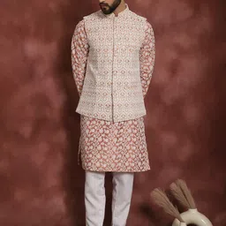 Anouk Floral Embroidered Regular Kurta with Churidar & Nehru jacket image 1