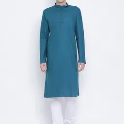 NAMASKAR Men Teal Blue & White Cotton Solid Kurta with Churidar-image-19