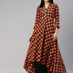 MBE Women Orange & Black Checked Mirror Work Pure Cotton Asymmetric Anarkali Kurta-picture-14