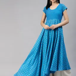 MBE Women Blue Checked Pure Cotton Anarkali Kurta-picture-16