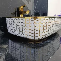 lofina Premium Designer Table Top Counter Top Golden Wash Basin Gold Ceramic Wash Basin L-4005(L41 X W31.5 X H13.5Cm) Very Stylish Bathroom Golden Ceramic Wash Basin Table Top Basin image 4