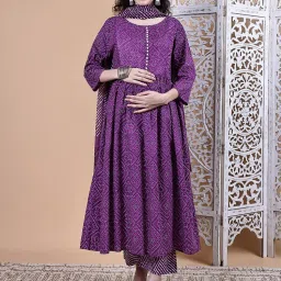 Secret Wish Purple Bandhani Cotton Maternity Kurta with Pant & Dupatta-image-10