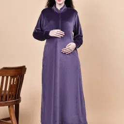 Secret Wish Purple Solid Velvet Winter Maternity Nighty-image-1