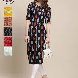 7Threads Women Pack Of 6  Multicoloured Geometric Printed Crepe Kurta image 1