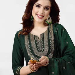 KALINI Ethnic Motifs Yoke Design Thread Work Straight Kurta & Trousers With Dupatta image 2