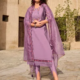 MOJILAA Floral Embroidered Round Neck Beads and Stones Kurta with Dhoti Pants & Dupatta image 1
