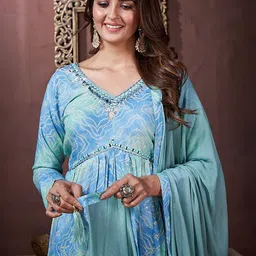 Rujave Bandhani Printed Regular Mirror Work Kurta with Trousers & Dupatta image 5