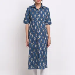 KALINI Ethnic Motifs Printed Shirt Collar Roll-Up Sleeves Cotton Straight Kurta-picture-24