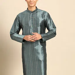 MANQ Woven Design Mandarin Collar Cotton Silk Straight Kurta-picture-2