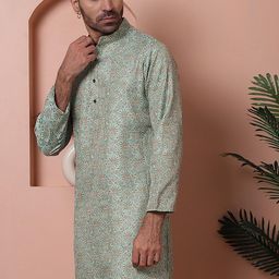 Anouk Green Ethnic Motifs  Self Design  Band Collar Zari Jacquard Cotton Silk Kurta-picture-43